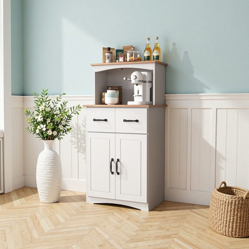 Space-Saving White Microwave Kitchen Cabinet with Storage Drawer & Adjustable Shelf
