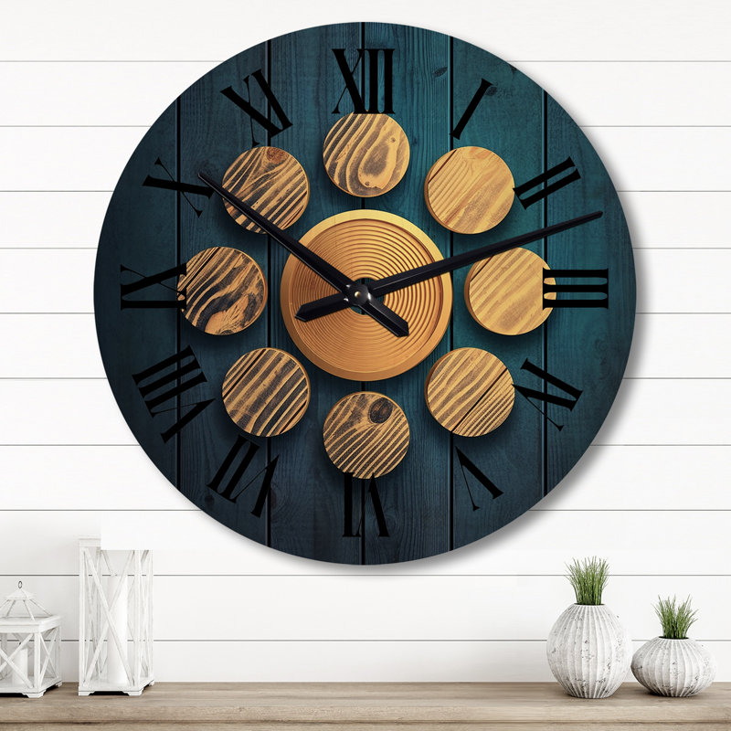 Sacred Geometry in Blue and Gold - Modern Geometric Oversized Wood Wall Clock, Large