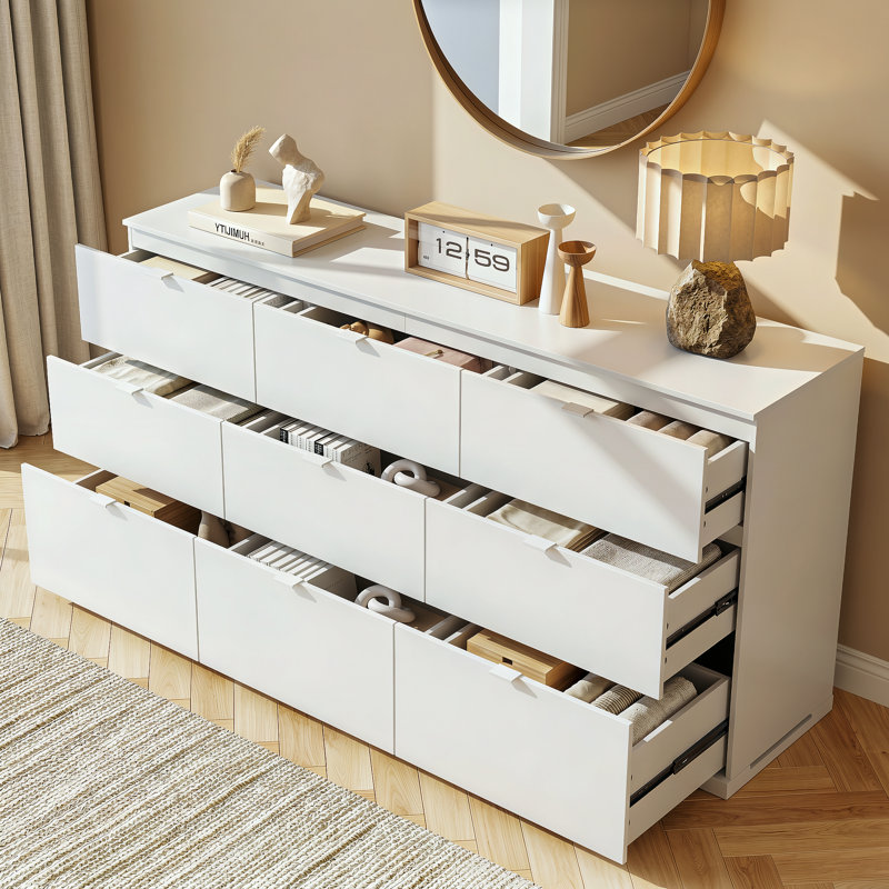 9 Drawer 63" Wide Dresser for Bedroom, White Wooden Large Chest of Drawers Organizer with Sturdy Metal Handle, Modern TV Stand Dresser for Living Room Office, Hallway, Ball Bearing Slide