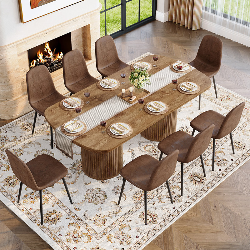 Modern Dining Table Set For 6/8/10 – 79" Dark Wood Dining Table With Dual Pedestal Base & Hidden Storage, Suede Upholstered Chairs, Large Kitchen & Dining Room Set