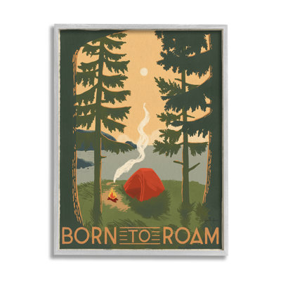 Born to Roam Phrase Rustic Forest Camping Tent Gray Farmhouse Oversized Rustic Framed Giclee Texturized Art by Janelle Penner