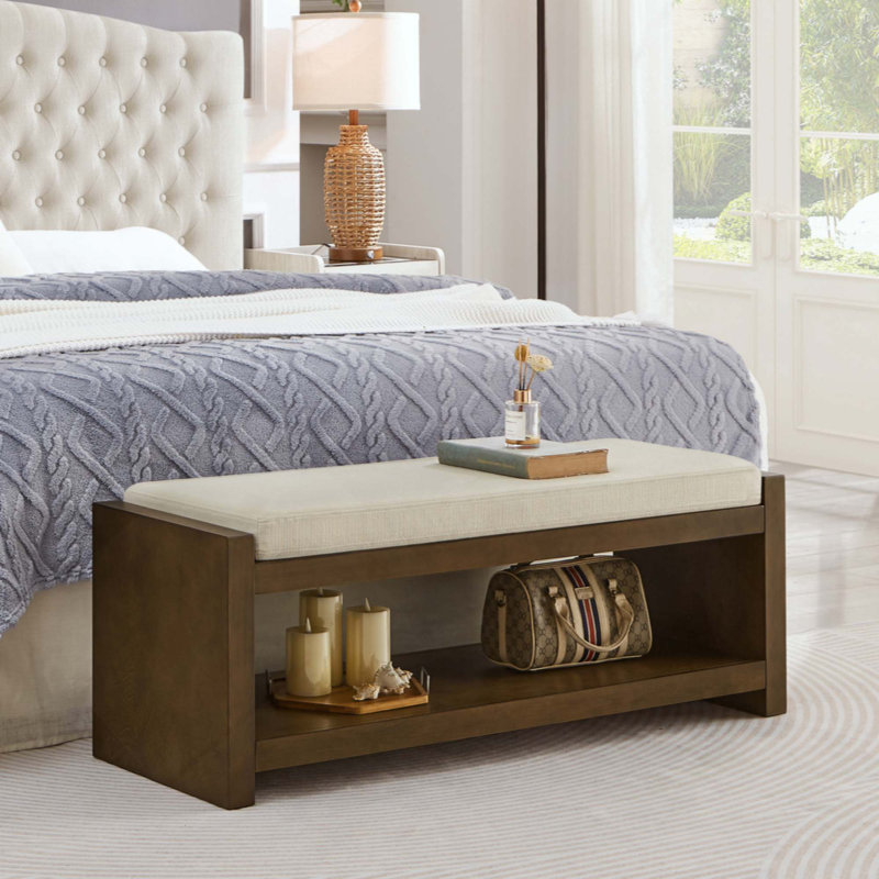 Accent Bench With Lower Shelf Shoe Rack, Padded Seating Bench For Living Room, Modern Compact Bed End Bench With Storage For Bedroom Seating, Removable Cushion