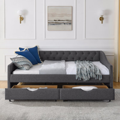 Upholstered Daybed, Daybed With Trundle Tufted Sofa Bed, With Button On Back And Copper Nail On Waved Shape Arms