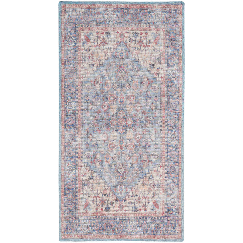 Machine Washable Oriental Blue/Red Area Rug, Rectangle 2' x 3'9"