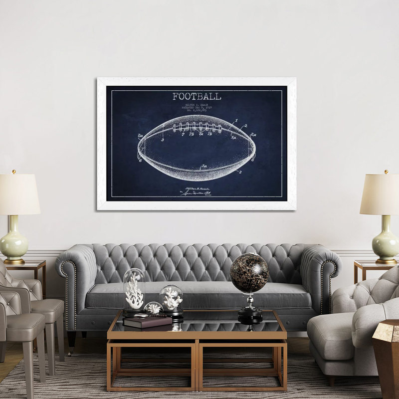 Football Navy Blue Patent Blueprint by Aged Pixel - Floater Frame Print on Canvas, 152.5 cm H x 101.5 cm W, White Framed