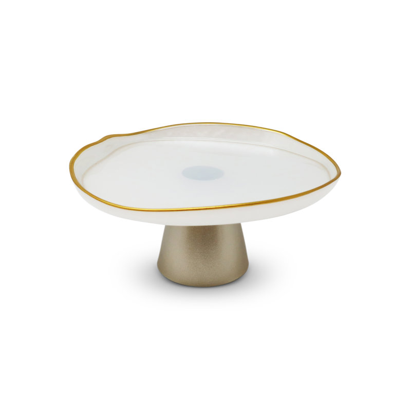 Organic Shaped Cake Plate with Gold Detail, 8.25" W x 6" H x 8.25" D, White/Gold