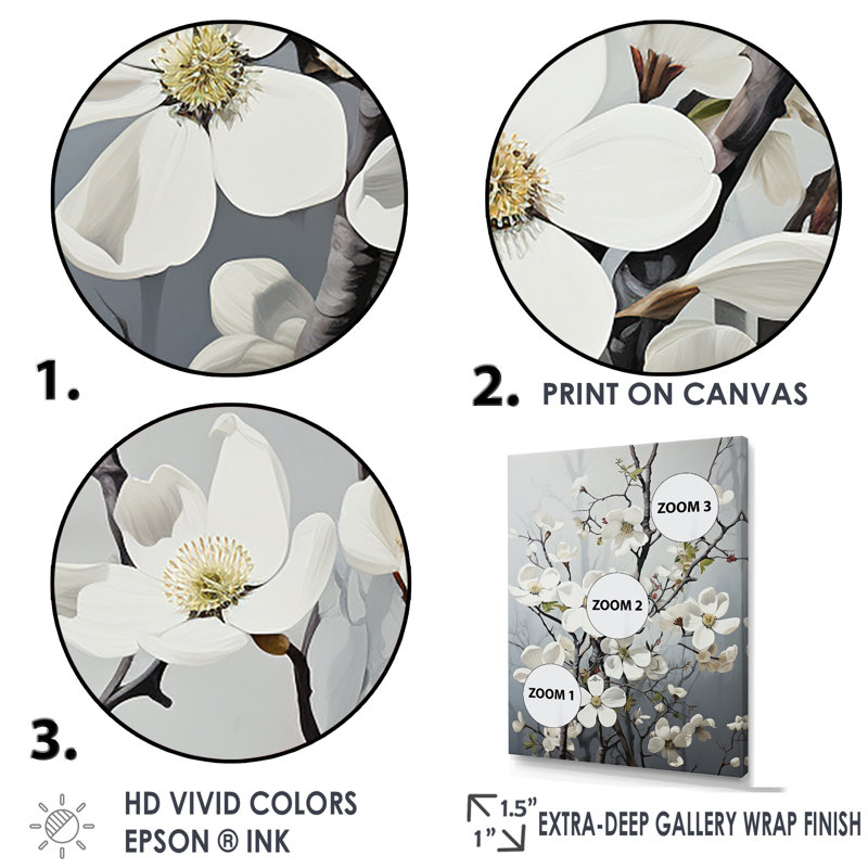 Noir et blanc cornouiller I - reproduction sur toile, H 32 po x l 16 po x P 1 po, Cadre naturel flottant