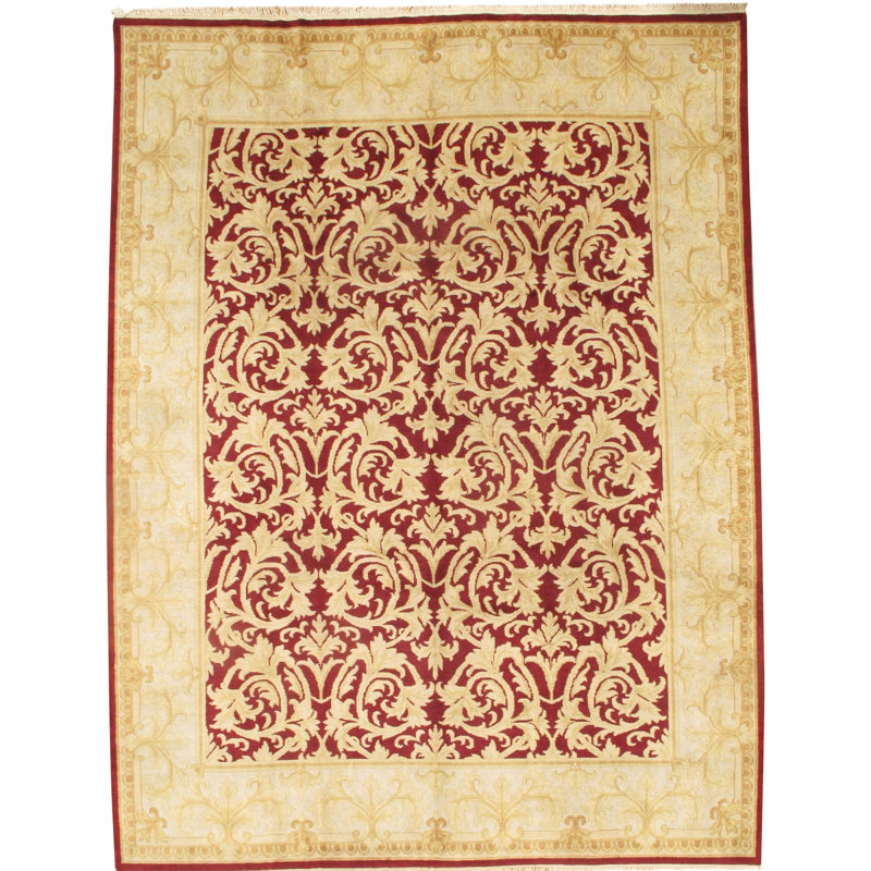 Tapis rouge / beige en laine noué à la main Mahal