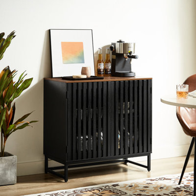 Black Storage Cabinet With Grille Striped Door, And Metal Leg, Modern Style For Home, Space Structure, Design Home Storage, Spacious