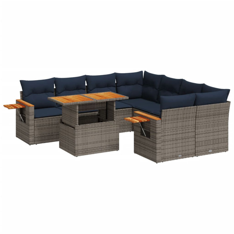  9 Piece Patio Sofa Set With Cushions Poly Rattan, Gray, Blue