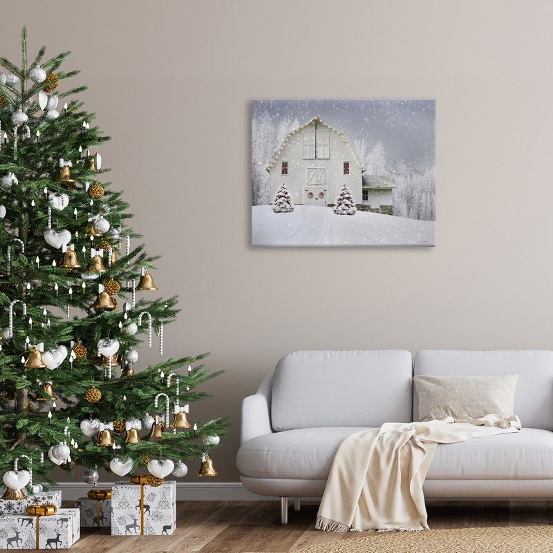 Blanc, hiver, champ de neige, grange, paysage de Noël confortable, estampe numérique encadrée noire, art texturé par Lori Deiter