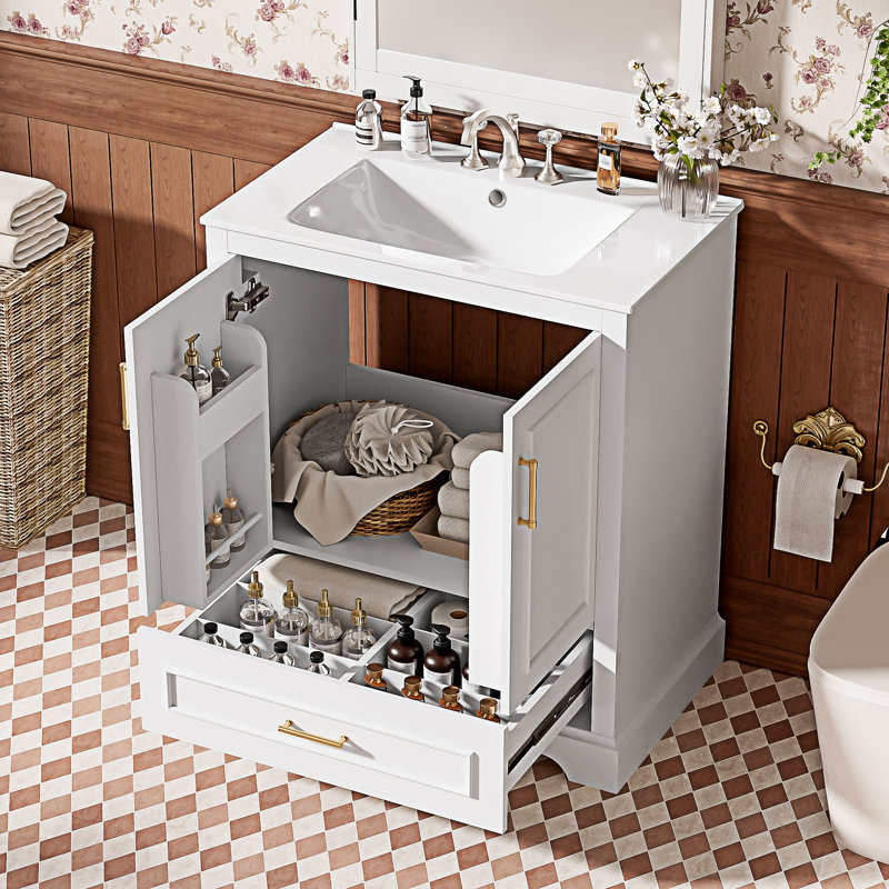 Meuble-lavabo autoportant avec lavabo et rangement, Blanc