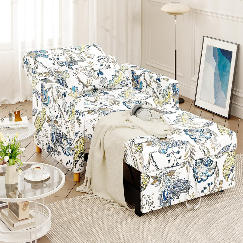 Chaise convertible rembourrée Maleah, Coton floral blanc / vert