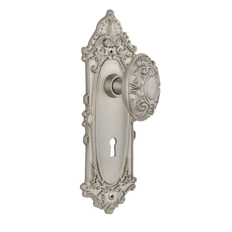 Victorian Plate with Decorative Keyhole and Victorian Door Knob, Satin Nickel, 2-3/4"