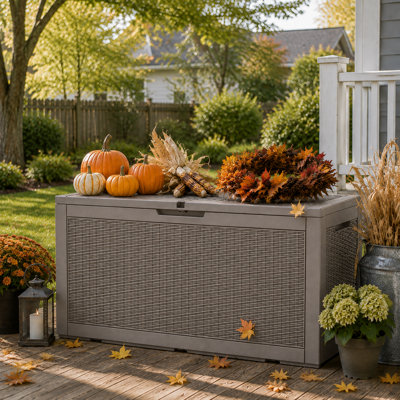 Emperic Design 125 Gallon Resin Deck Box, Lockable Waterproof Outdoor Storage Container with Hinged Lid