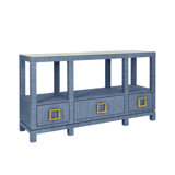 Open Shelf Console With Three Bottom Drawers And Square Satin Brass Hardware In Dyed Blue Grasscloth