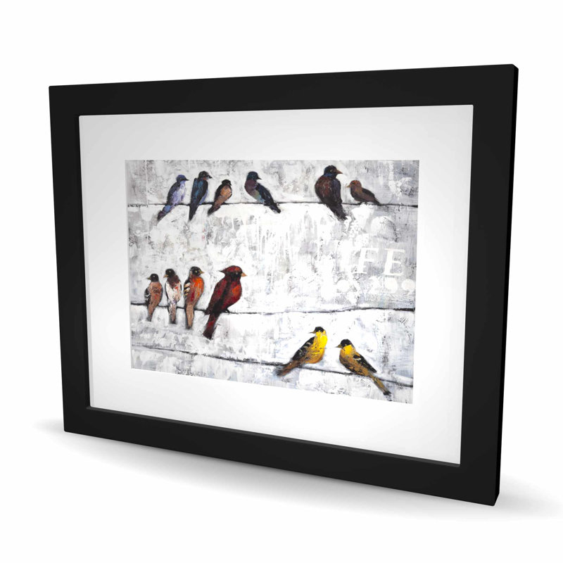«Colorful Birds on Branches - Red Living Room», reproduction encadrée