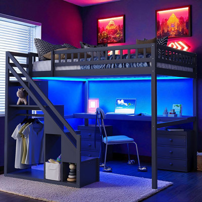 Wood Loft Bed With Built-In Desk, LED Lights And Storage