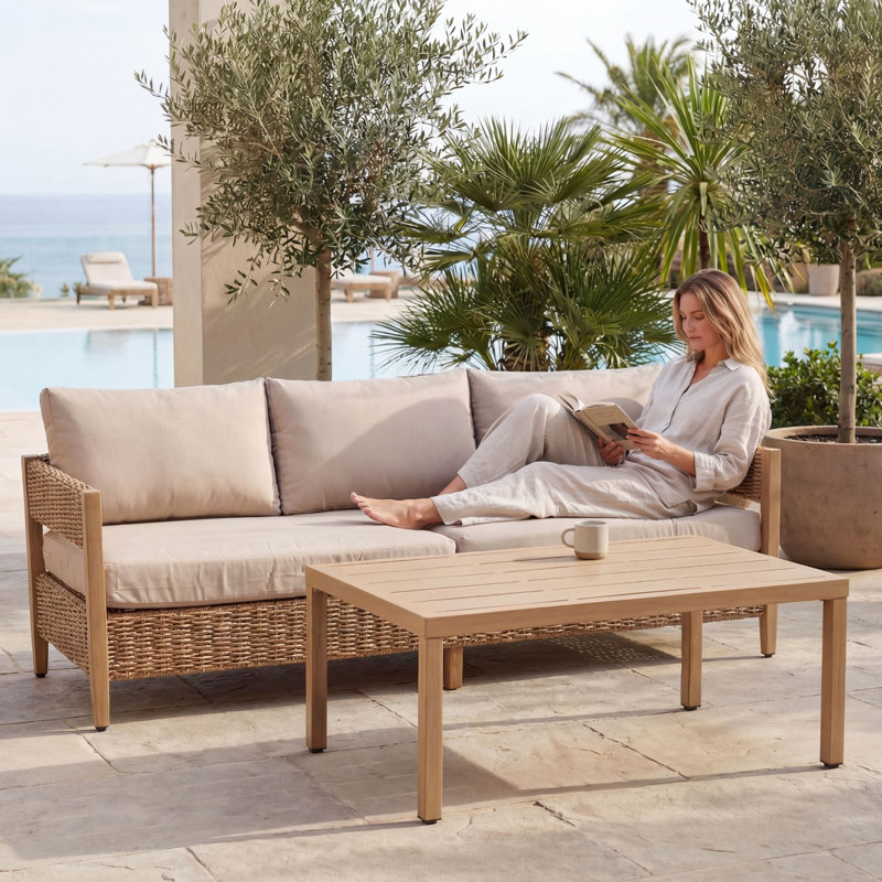 Koosharem Three-Seat Rattan Sofa With Coffee Table, Outdoor Rattan Patio Furniture Sets With Cushions, Khaki