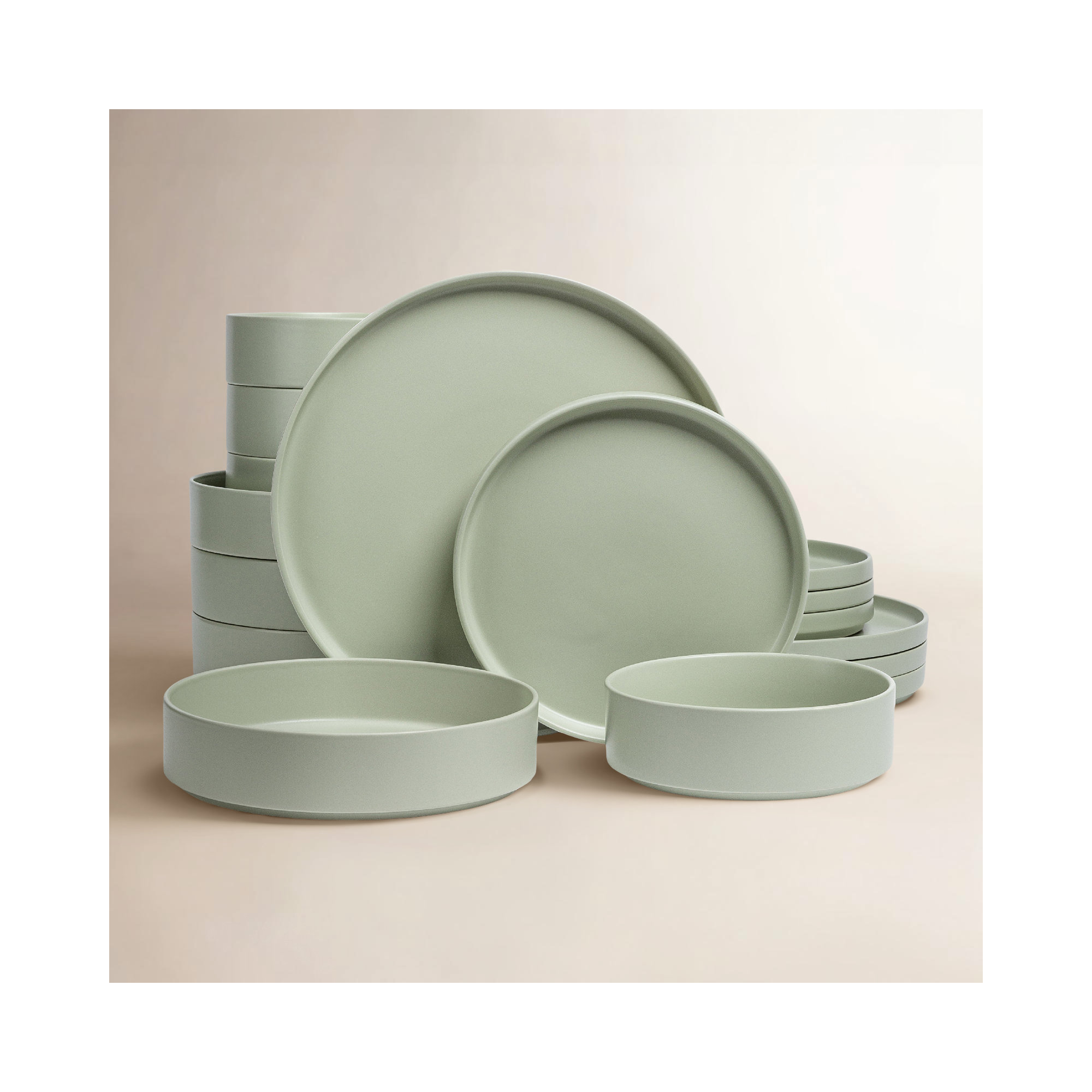 over&back Stackable 16-Piece Semi Hand-Finished Stoneware Dinnerware Set, Sage