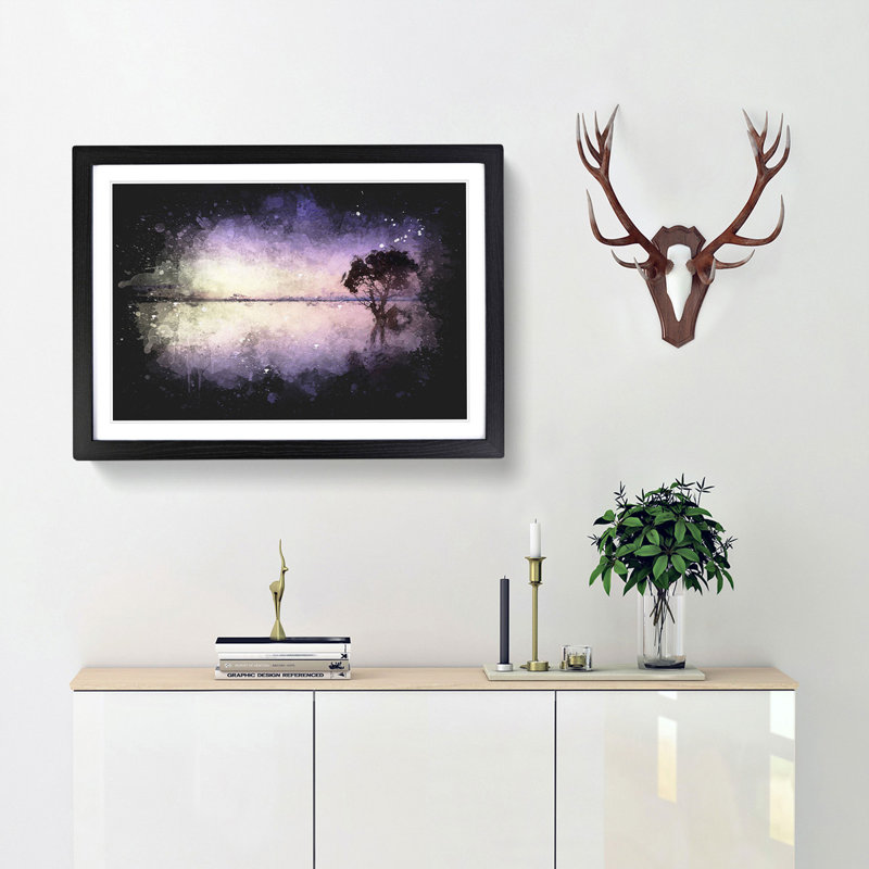 Tree Alone During a Purple Sunset - Picture Frame Graphic Art Print, 24cm H x 33cm W x 2cm D, Black Framed