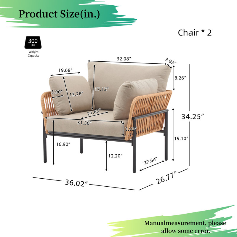Méridienne moderne en corde 36 po - coussins imperméables beiges + structure en fer - mobilier de patio intérieur / extérieur Boho Chic (ensemble de 2)