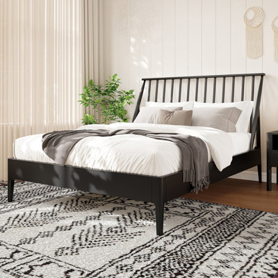 Spindle Platform King Bed with 46.5 Inch Tall Headboard, Bohemian Bed Frame with Wooden Slats and Metal Support, Mid-Century Modern Style, No Box Spring Needed
