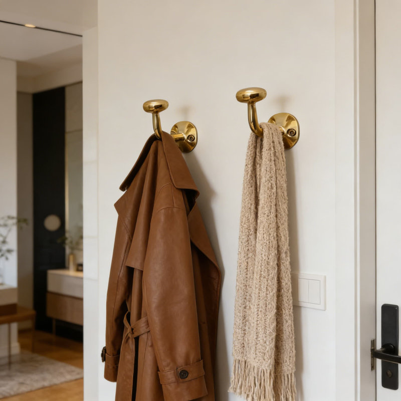 Ensemble de 2 crochets muraux en laiton massif non laqué | Crochets décoratifs robustes pour manteaux, serviettes, robes de chambre | Décoration vintage pour salle de bain, vestibule, vestibule