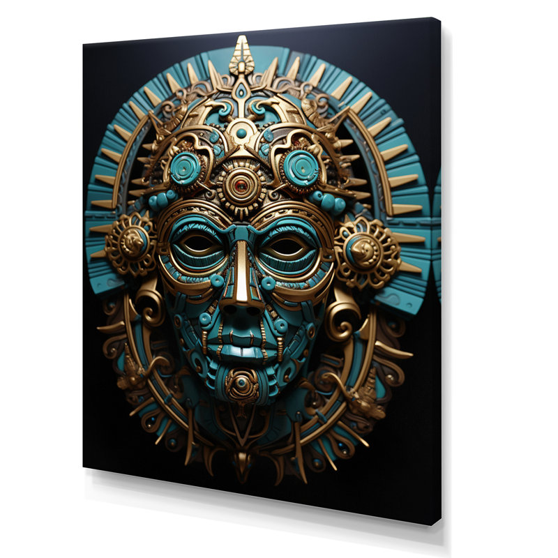 «Grandwood Gold Teal Mexico Vibrant Aztec Mask I», reproduction d'art sur toile, H 32 po x l 16 po x P 1 po, Toile tendue