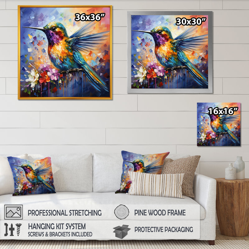 Fée bleue néotropicale Colibri II - Colibri, art mural, Cadre flottant noir, 36" H x 36" W