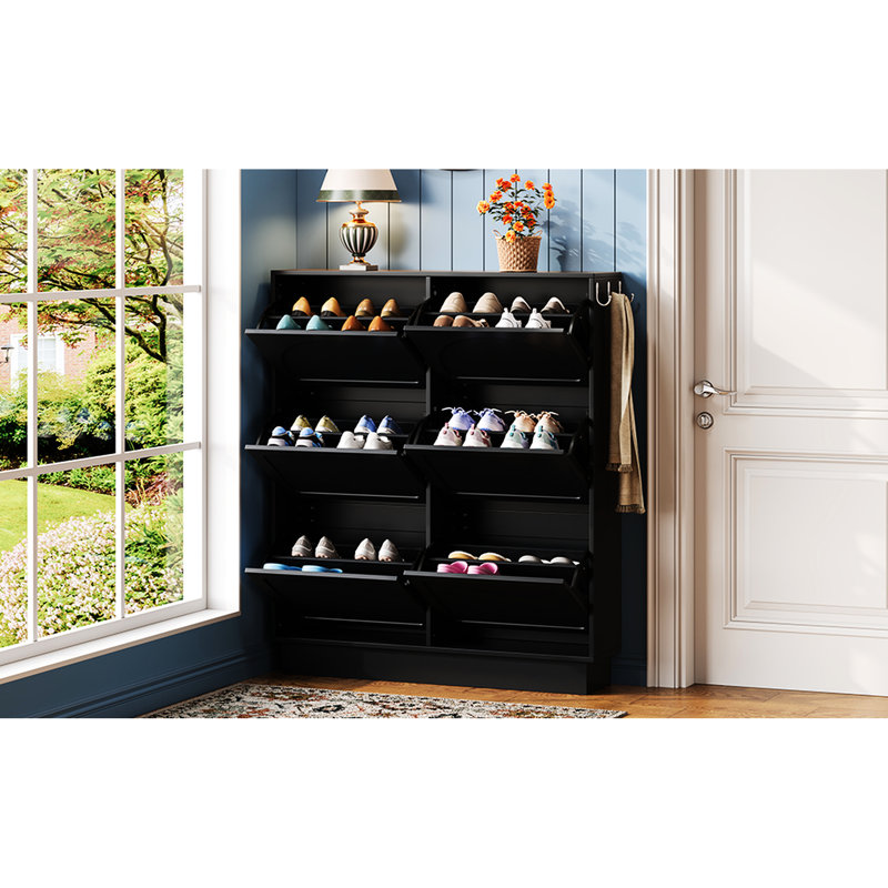 Space Saving Black Entryway Shoe Cabinet, 6 Flip Drawers, Adjustable Storage, 3 Hooks, Modern Elegant Cream Style Narrow Tipping Bucket Shelf, Style, For Organization
