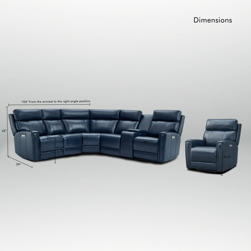 Canapé modulaire en cuir et fauteuil inclinable électrique Rumalda, Cuir véritable bleu, Électrique - Bouton-poussoir