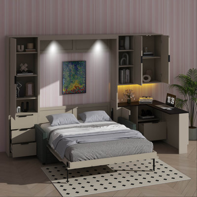 Queen-Sized Wall Murphy Bed Equipped With Hydraulic Storage, Couch, Shelves, Drawers, And LED/USB Illumination