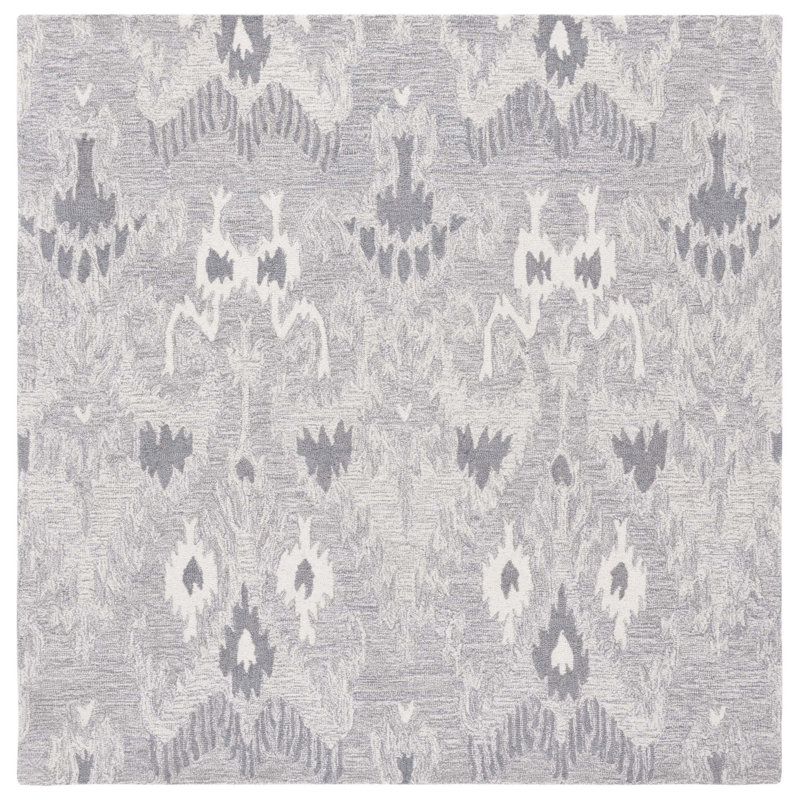 Ikat Hand Tufted Wool/Cotton Ikat Rug in Ivory/Gray, Square 6'