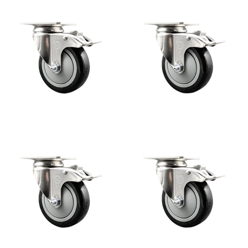316SS Polyurethane Swivel Top Plate Caster Set Total Lock Brake SCC, Black