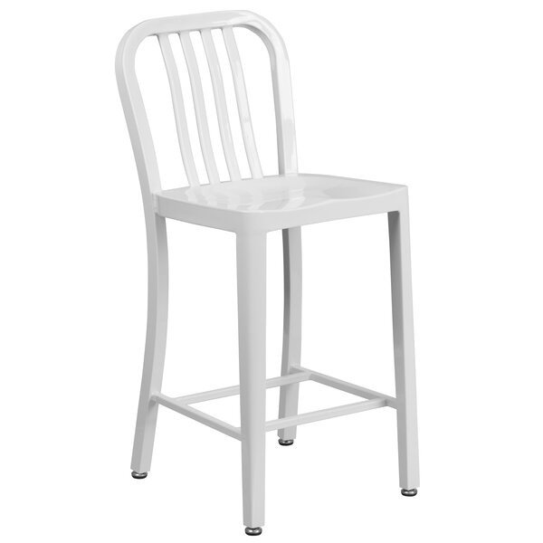 Commercial Grade Metal Indoor-Outdoor Stool with Vertical Slat Back, White, Counter Stool (61cm Seat Height)