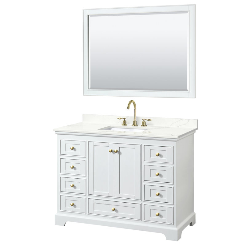 Deborah 48'' Single Bathroom Vanity with Quartz Top, Brushed Gold, White, Giotto Quartz