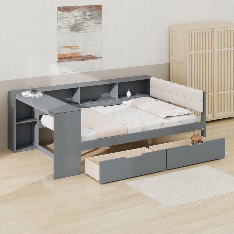 Lit plateforme avec tablettes de rangement et tiroirs, Lit double, Gris