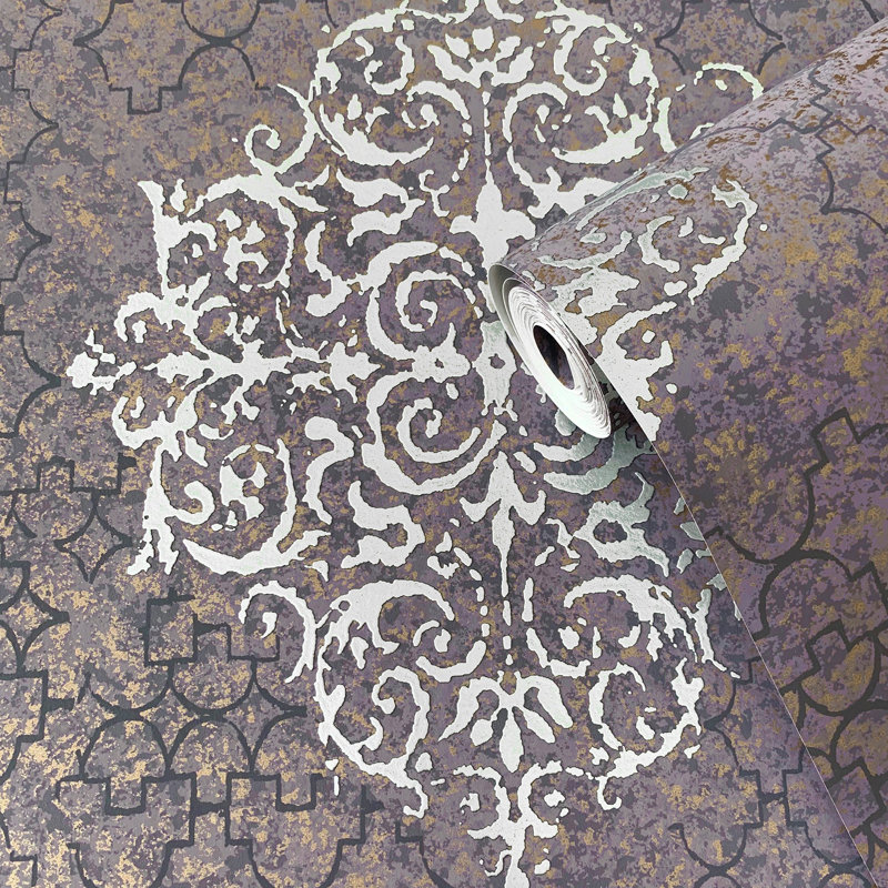 Lustre Metallic 3D Embossed Damask Wallpaper Roll, Purple