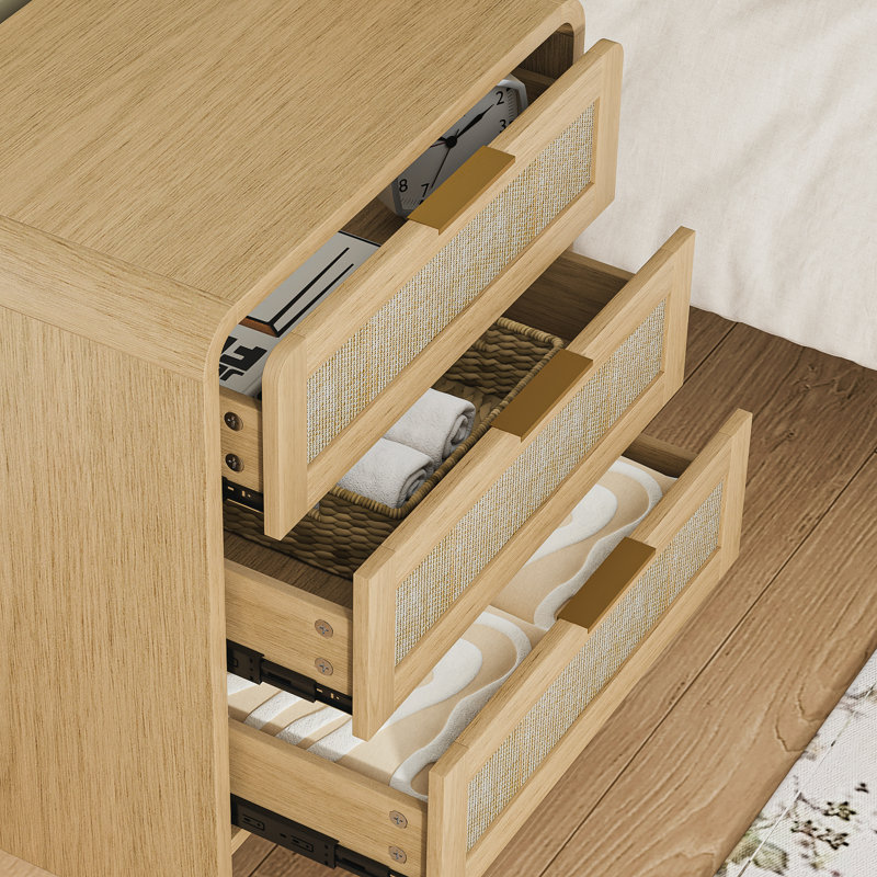 3-Drawer Rattan Nightstand, 22.8" Wide Curved Wood Bedside Table, Natural Oak Modern Storage Cabinet For Bedroom | Gift Idea