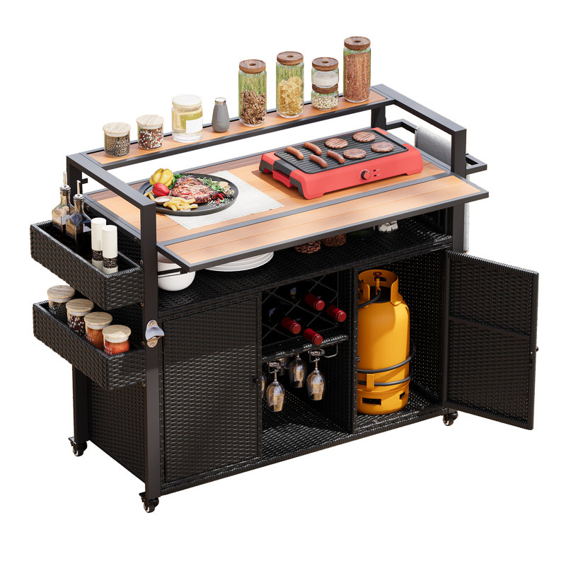 Outdoor Kitchen Wicker Island Rolling Cart Bar Table & Storage Cabinet, Wheels And Plastic Wood Extended Table Top