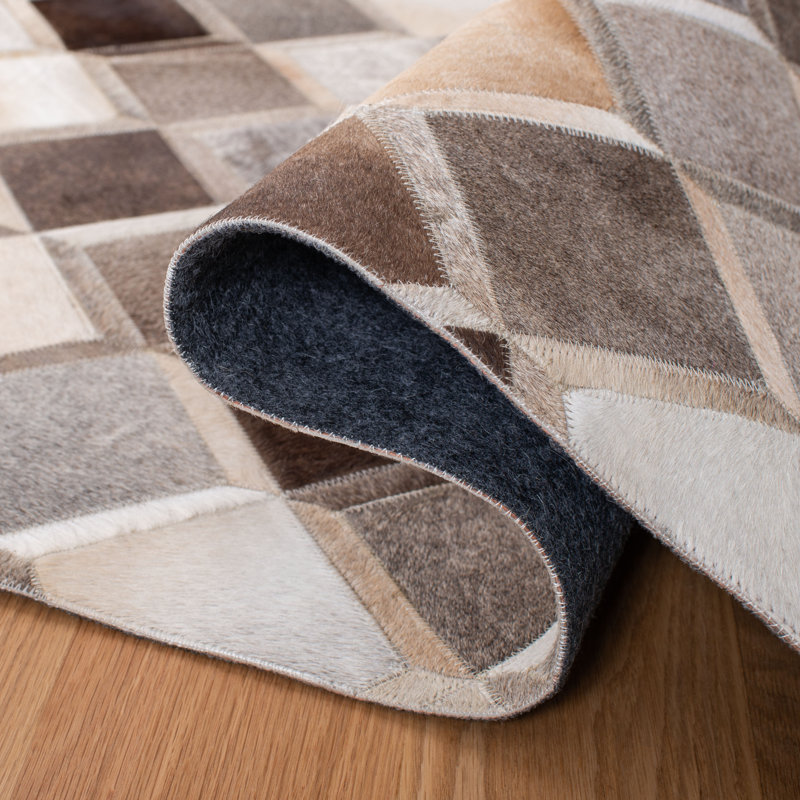 Sebring Hand Woven Leather/Felted Cloth Geometric Rug in Ivory/Gray, Rectangle 3' x 5'