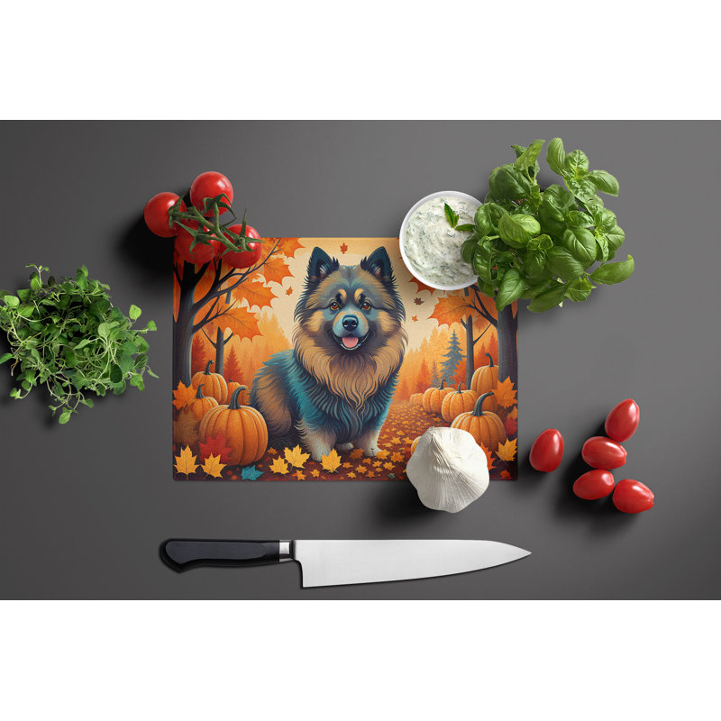 Keeshond Fall Glass Cutting Board Large
