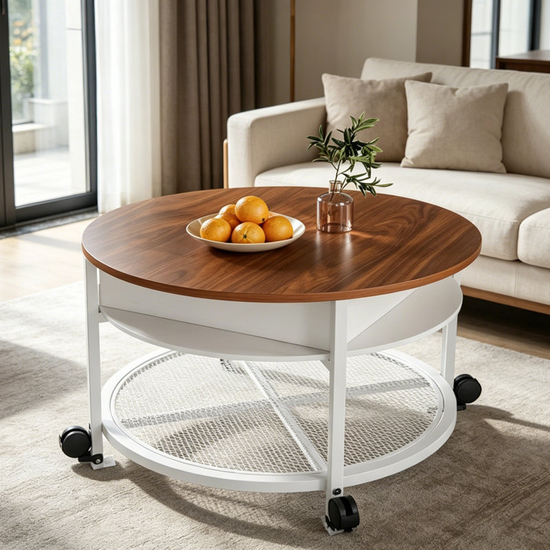 Lift Top Round Coffee Table With Rgb Led Lights, Rolling Storage Table With Lockable Casters For Living Room