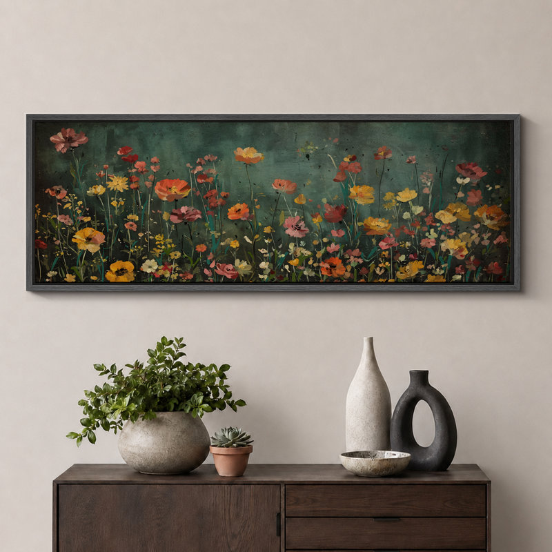 Moody Green Wildflower Florals Modern Decor, très grandes photos, impression sur toile encadrée, H 20 po x l 60 po