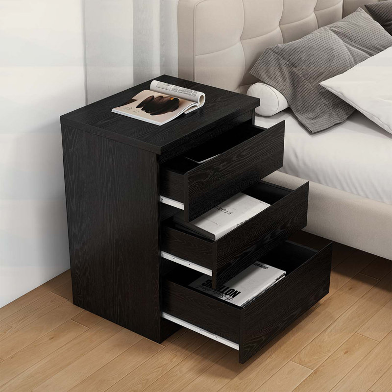 Table de chevet avec 3 tiroirs, petite table de bout, Black
