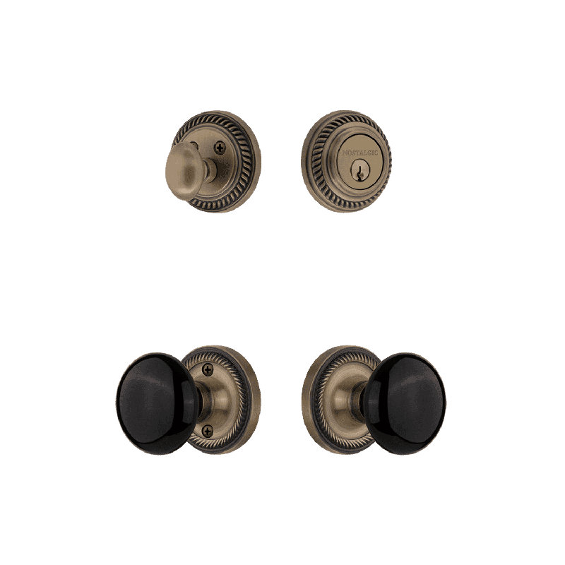 Nostalgic Warehouse Rope Rosette Entry Set with White Porcelain Knob, Antique Brass, 2.75"