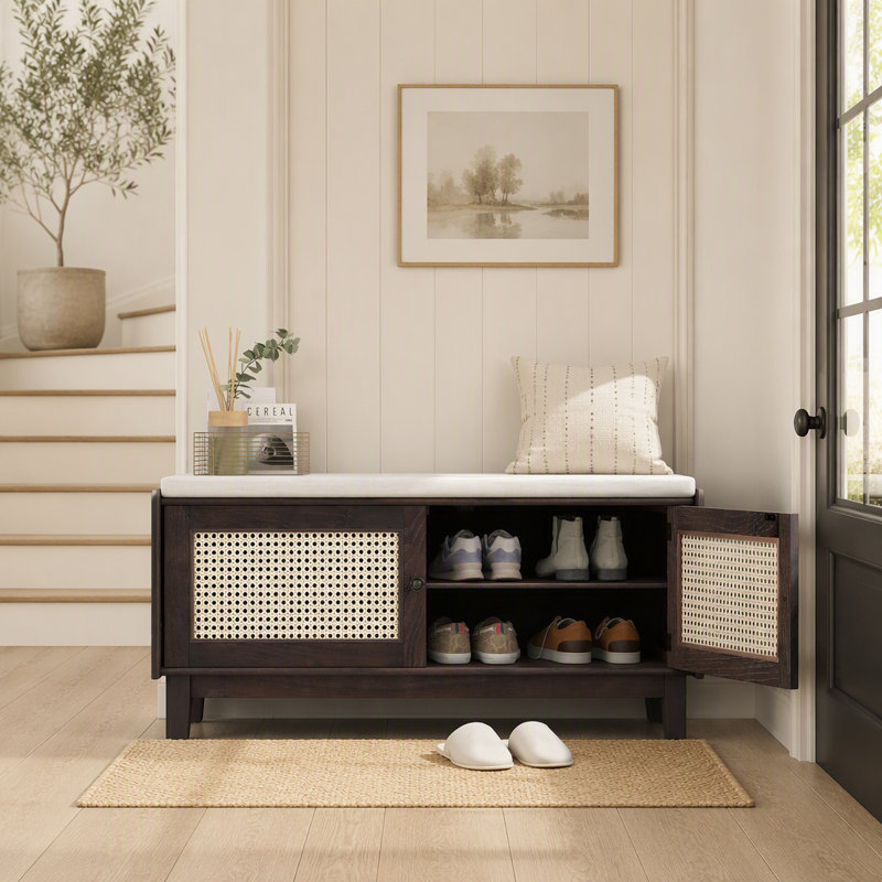 Banc d'entrée en rotin avec rangement Boho, banc à chaussures rembourré avec portes doubles, rangement en bois