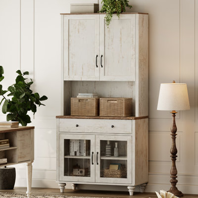 Bibliothèque Corretta à 5 niveaux (183 cm H x 86 cm L) avec portes vitrées et grand espace de rangement, étagère de style champêtre avec portes en bois, idéale pour le salon, le bureau ou la cuisine, blanc rustique