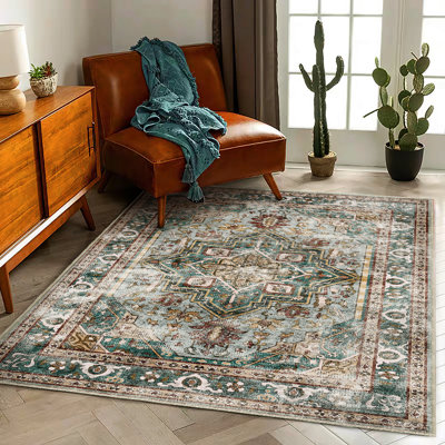 Green Area Rug 10'x14' Washable Vintage Traditional Mat Distressed Indoor Foldable Thin Retro Accent Floral Print Rug Non Slip Carpet for Living Room Dining Room Office